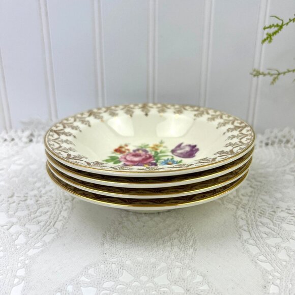 Vintage Edwin M. Knowles Semi Vitreous 4 Floral Berry Bowls Cream Gold Trim - Picture 3 of 10